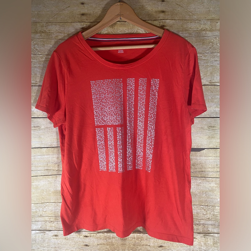 Tommy Hilfiger Red Orange Usa Flag Graphic Metallic T-Shirt Top Size Xl